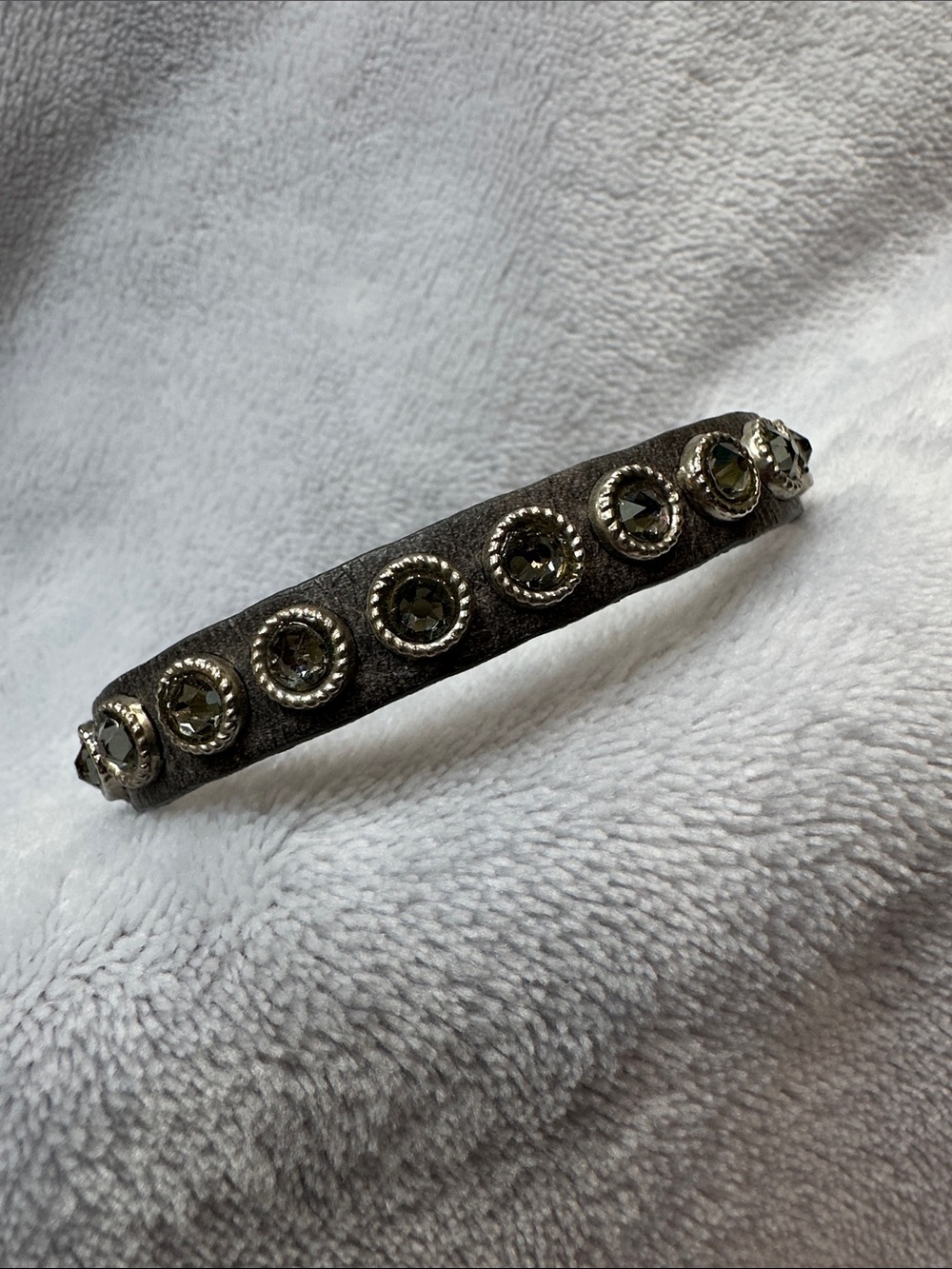 Crystal Studded Leather Bracelet in Gunmetal 7” to  7.5”